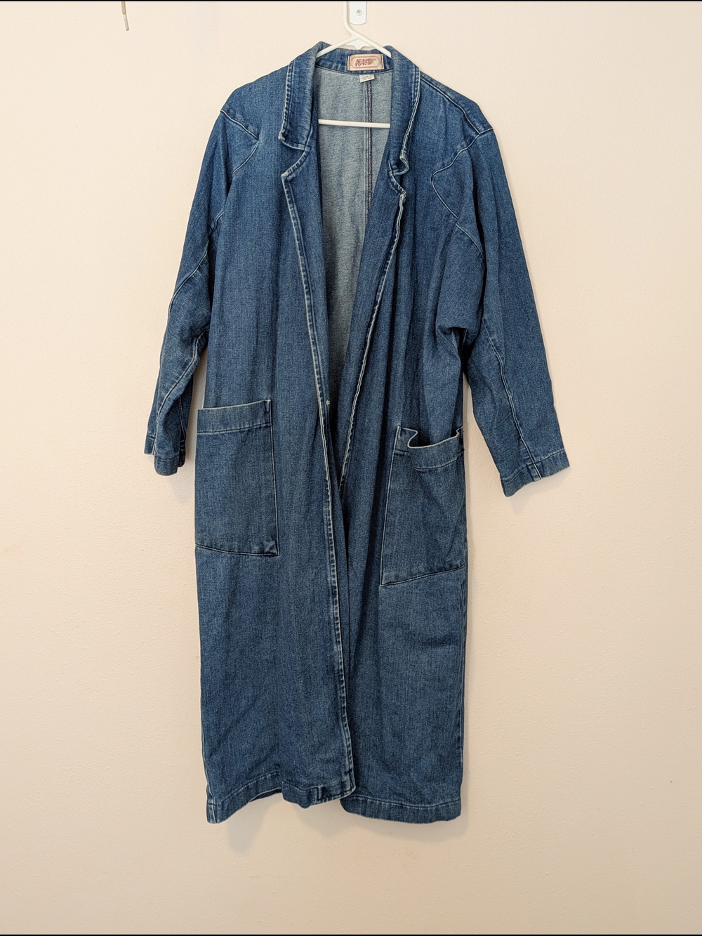 100% Cotton Denim Open-Front Long Coat - Blue